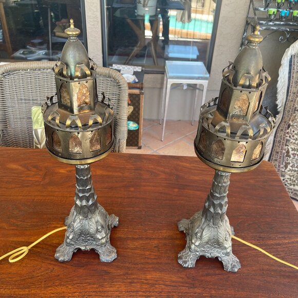 Arts and Crafts Gothic Mica Mantle Pair Lamps - Original Condition